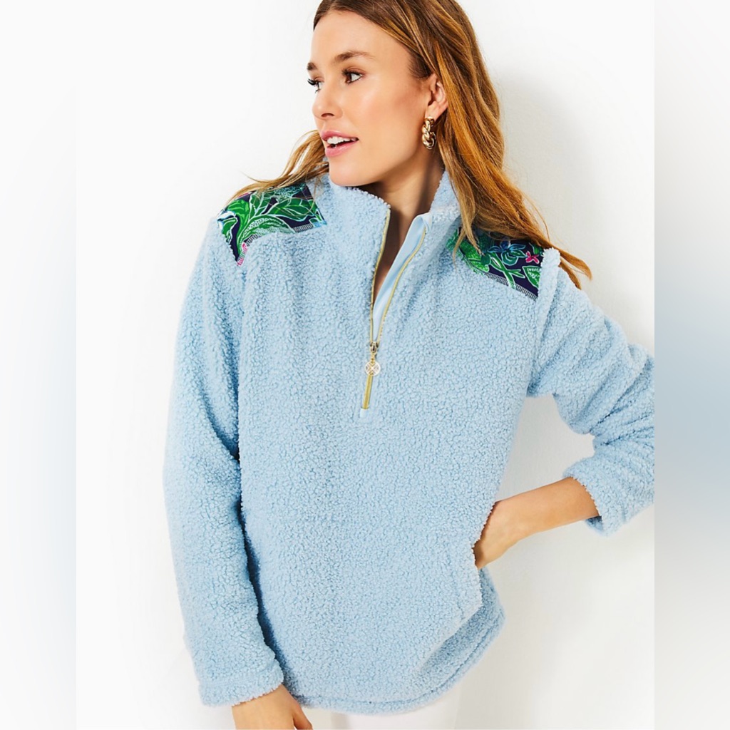 New Lilly Pulitzer Wallen Sherpa Half Zip Bonaire Blue Sherpa Fleece Jacket Xl